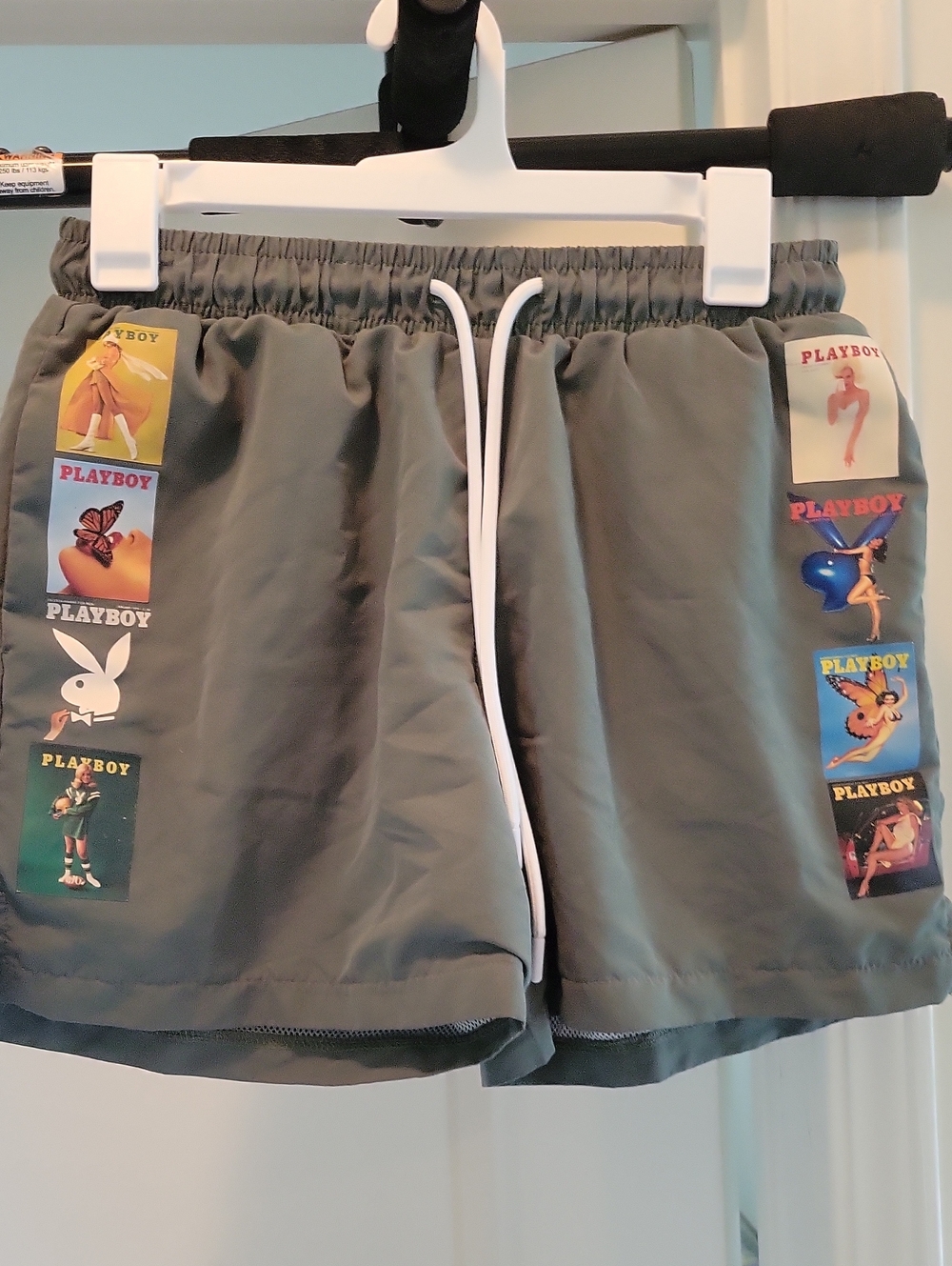 PLAYBOY Olive Gray Swim Shorts with Patch Strips Size M